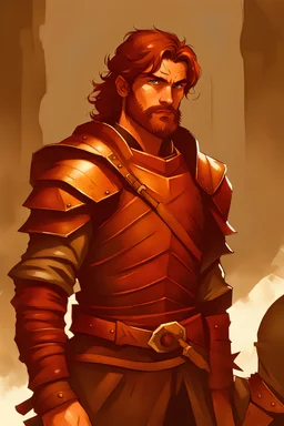 A twenty-two-year-old warrior from Dungeons and Dragons is wearing a dented leather breastplate armor. Has brown hair and scruff beard on his chin