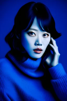 A girl named Lee Min-ah, Korean, blue knit, wolf cut, black hair