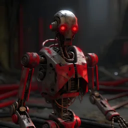 худощяво выглядящий робот с красным кресталом в груди в пост апокалептичном сетинге
