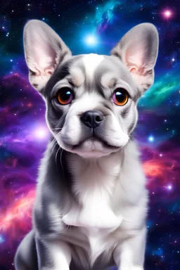 extra large eyed happy puppy grey frenchton in the distance a colorful intricate HEART shaped planet similar to earth in a brig ażht nebula. sparkles. Cinematic lighting,vast distances, swirl. fairies. magical DARKNESS. SHARP. EXTREME DEPTH. jellyfish, cinematic eye view