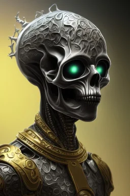 black male African alien, cracks in the head, wicked, Asian eyes, crown, blood, 8k, finely detailed, photo realistic, Boris Vallejo style turquoise skull head gold dragon space alien rain skeleton gold tooth silver helmet silver space suit spaceships