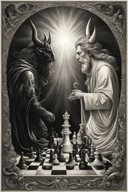 In the depths of the mind, God and the Devil engage in a timeless chess battle. God, wise and serene, faces the cunning and mischievous Devil. The chessboard, a masterpiece of cosmic art, holds the weight of eternity. Both players strategize, their thoughts intertwining with the fabric of existence. The Devil laughs with malice, testing God's resolve. God smiles with compassion, revealing a wisdom forged in eons. Their hands move, shifting the tapestry of existence. The battle symbolizes the ete