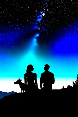 black background on a mountaintop and three silhouettes of a fit man, a silhouette of a fit woman, and silhouette of a Belgian malinois sitting next to the men and the woman looking at the stars