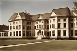 distant large estate ward many windows, distant schoolhouse at 3/4 angle, large windows, estate, realistic photograph