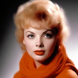 A photograph of stella stevens with doll face, with spiky hair, no make up, in the style of milton greene, a pale orange silk scarf around her shoulders, white bacground