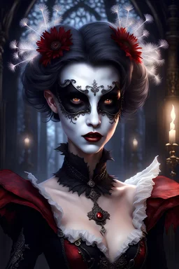 beautiful vampire Masquerade portrait with mask, extremely mysterious and fancy vampire makeup and costume, dandelion has big cute eyes and looks so cute. detailed digital art by greg rutkowski, thomas kinkade and keith parkinson, artstation, cgsociety, 8 k, hd, glowing, shining, fairy lighting
