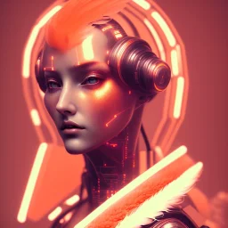 A beautiful portrait of a cute cyberpunk woman facing camera orange color scheme, high key lighting, volumetric light high details with white stripes and feathers