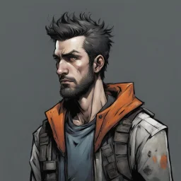 man,, looking serious, comic book, post-apocalypse, grey background