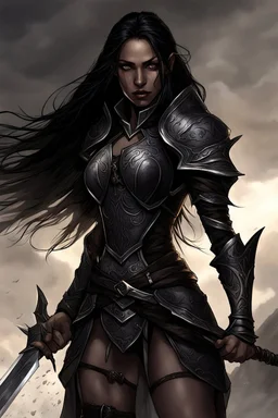 SA female elf with skin the color of storm clouds, deep grey, stands ready for battle. Her long black hair flows behind her like a shadow, while her eyes gleam with a fierce silver light. Despite the grim set of her mouth, there's a undeniable beauty in her fierce countenance. She's been in a fight, evidenced by the ragged state of her leather armor and the red cape that's seen better days, edges frayed and torn. In her hands, she grips two daggers, add dark shadow mystic purple flames