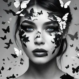 there is a torn paper effect across her face revealing a black and white area beneath, with colored butterflies