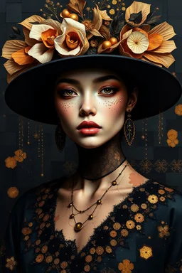 minimalism,amazingly beautiful surreal otherworldly fashion portrait,abstract painting of black and dark warm subtle colors with a subtle spray of gold,filled with a unique pattern of shapes and colors,dark patchwork background,Miki Asai Macro photography,hyper detailed,trending on artstation,sharp focus,studio photo,intricate details,highly detailed, Bruegel painting style