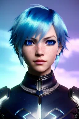 smirking Cyborg anime warrior, light blue hair, short and messy hairstyle, pierced ears, vivid blue eyes, clear complexion waist up portrait, 8k resolution, intricate details, ornate details, soft lighting, vibrant colors, retroanime, masterpiece, intricate eyeliner, dark eyeshadow, eyes, intricate tattoos, futuristic cityscape background