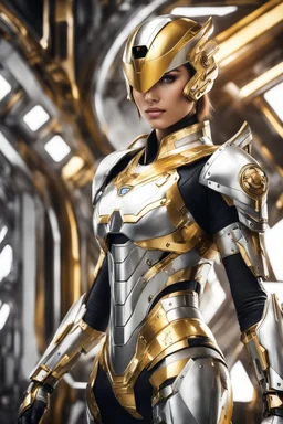 Excellent photo,mechines,realistic photo digital woman,half body,abstracs armored silver chromecast golden colors shine.style: details digitalphoto, spaceship interior background