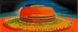 An orange colored coliseum in a thunderstorm painted by Wassily Kandinsky