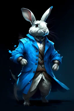 Hero pose dnd character. Fantasy realistic rabbit with blue colored fur. Paint dripping graffiti. Lots of belts. Trench coat with very high collar. Smokey, magical background.