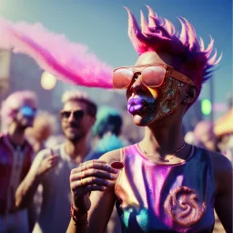 Ultra Realistic photo, medium shot view, drunken dancer women, carnival scene, monster hair, steampunk. Pink hair, confeti, Sunglasses, smoking, happy, festival, red fog. highly detailed, concept art, unreal engine 5, ray tracing, RTX, lumen lighting, ultra detail, volumetric lighting, 3d, finely drawn, high definition, high resolution.