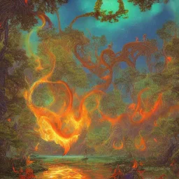 A large and ancient temple made of glowing fire and lava in the middle of a beautiful and large lake full of mermaids with beautiful rainbow-colored tails in the middle of a thick and green forest and surrounded by tall and sturdy trees, complete painting elements And with fine and detailed details, neon color and happy colors, crescent moon and many stars in the sky, painting view from afar, full HD, 8K, 16K, 24K