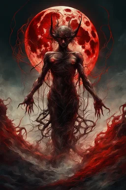 A dramatic digital painting portraying a figure under the Red Moon, veins pulsing, claws of temptation visible, soul in turmoil. In the style of Giger and Salvador Dali and Van Gogh, vivid colors, swirling brushstrokes, highly detailed, 8k resolution, surrealistic., by Ryohei Hase, Agnes Cecile, Raymond Swanland, Anne Bachelie