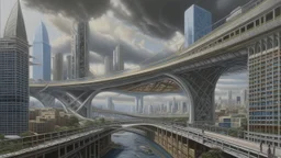 A hyper-realistic oil painting depicting a futuristic cityscape with a bridge over a bustling metropolis, showcasing buildings under construction and overpasses, blending contemporary art styles with intricate details