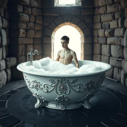 a big ornate round porcelain bathtub with foam, a humanoid , sticking out of the foam. The bathtub stands in the middle of a magic circle in an ancient stone tower