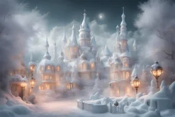 fairy tale city, dream city, landscape in light silver tones, colorful. delicate white velvety clouds, exquisite and filigree, lanterns, ice sculptures in rococo style, snow-covered trees, snow, mystical haze, beautiful, lumen, professional photo, beautiful, high resolution, cgi, f/16, 1/300 s, digital painting with high detail. Dmitry Vishnevsky