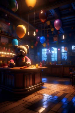 /imagine prompt: 2D Animation, personality: [Illustrate Fazbear's Pizza filled with children, laughter, and music. The scene should showcase the bustling atmosphere with vibrant balloons, multicolored fairy lights, and a festive vibe in the air.] unreal engine, hyper real --q 2 --v 5.2 --ar 16:9