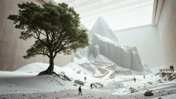 Photograph, a mass of terrain, giant museum space, tree, high walls, high peak in a room, rag, powder, brook, persons, sediments, deflagration of the background, geological formation, light, architecture, minimalist, details of the terrain very accentuated, 8k, deep 3d field, sharp, brutalist, hasselblad h6d400c --ar 85:128 --v 6.0