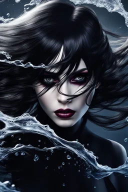 A beautiful Goth girl, dark black makeup, dark under eyes, white hair, action image of her braking water surface, freedom, dramatic, highly detailed, 8k, abstract