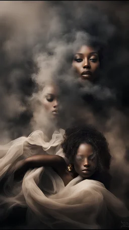 beautiful black women in white Smokey ethereal, heavenly background