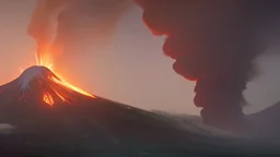 Massive volcano erupting with smoke and fire and ash