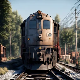 a commonly found train in real world with high details, front-side wise view. image should be real