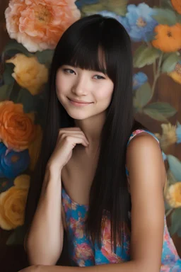 full body portrait - extremely beautiful 13-year-old girl, pitch-black shoulder length hair, the bangs cut straight across the forehead, extremely slanted eyebrows, blue eyes, wearing a two-piece bathing suit - smiling, facial makeup, dark, stained wood panel wall in the background with an assortment of floral arrangements, a bed, a dresser, and a window, professional quality studio 8x10 UHD Digital photograph by Scott Kendall - multicolored spotlight, Phot