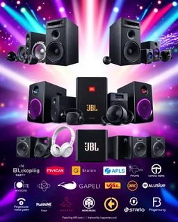 A beautiful banner design with photos of party speakers and party boxes, several models of headphones, mobile chargers, and JBL speakers in the center of the image, and several famous logos of world audio and video systems at the bottom of the image with a beautiful and unique color theme.