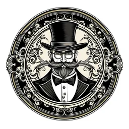 professor balthazar with a black hat in style of fancy decorated logo