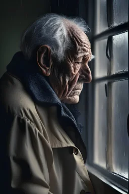 رجل سبعيني عجوز تجاعيد حزين غرفة مظلمة معطف ينظر من الشباك مطر 8k