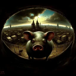 epic surreal matte oil painting, floating glass pig with a fantastical Alexander jansson cityscape inside, Visual embalming atmosphere, metaphorical, imagine if Zdzislaw Beksinski had conceived this, by Colin McCahon, visceral, unsettling, fantastically sophisticated