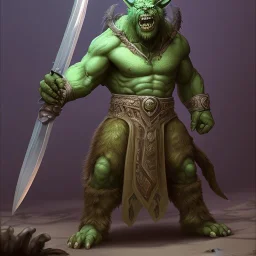 orc mage, Height 200cm, Weight 150kg, Skin color green, Has predator-like eyes, fangs, and claws. He holds a magic wand by both hands. He kills humans with ferocious accuracy. His intelligence is equal to that of a human. Wears robes of crude cloth