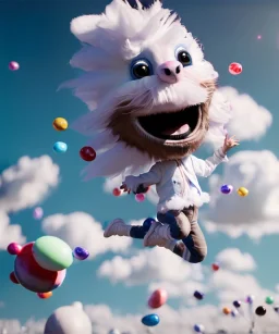 Ultra realistic speed clouds sky scene, wide angle view, child falling down with many Children background, inflatable monsters, circus dress style, feather color, free jumping flying, many trinkets, hair monster, many jelly beans, balls, color smoke, smile, happy, extreme, wind, clouds sea, 20,000 feet altitude, stratosphere, soft color, highly detailed, unreal engine 5, ray tracing, RTX, lumen lighting, ultra detail, volumetric lighting, 3d, finely drawn, high definition.