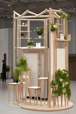 Corner exhibition stand in light colors with wood elements and floristry with two meeting areas