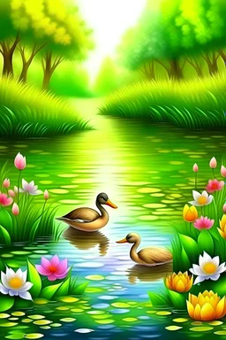 A peaceful riverside scene with ducks and ducklings swimming among vibrant water lilies.Hd digital art