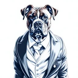 Illustrative sketch of a image of an humanoid boxer dog, suit and tie, arte lineal ultra quality, 8k