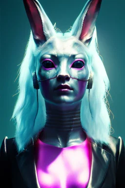 Medium Close Up Portrait, Front image. cyberpunk, rabbit mask, british woman, platinum hair. Latex suit army. white, pink, color. Sexy style. Color background, photo studio. Avatar image, highly detailed, concept art, smooth, unreal engine 5, ray tracing, RTX, lumen lighting, ultra detail, volumetric lighting, 3d, finely drawn, high definition, high resolution.