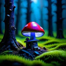 "Close up of a wonderful tiny Mushroom Tower home. Red and indigo with bright white, deep black and contrasting tones of gray magenta and violet colors. Illuminated bioluminescent forest. Professional painter, master at composition. small but detailed. broken, blurred background, voluminous lighting"