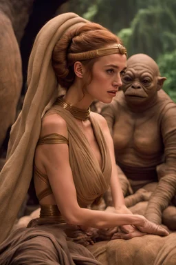 Phoebe Dynevor in princess Leia's slave costume of the Return of the Jedi, close to Jabba the Hutt.