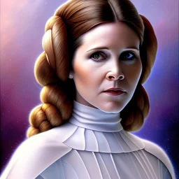 extremely detailed 8k hyperspace wallpaper,complete and photo realistic detailed head to waist stunning photo realistic portrait of carrie fisher as Princess Leia in star wars with photo realistic elegant but fine hair, brown eyes, professional majestic photo realistic painting by Ed Blinkey, Atey Ghailan, by Jeremy Mann, Greg Manchess, Antonio Moro, trending on ArtStation, Intricate, High Detail, Sharp focus, dramatic, by greg rutkowski, realism, beautiful and detailed lighting,