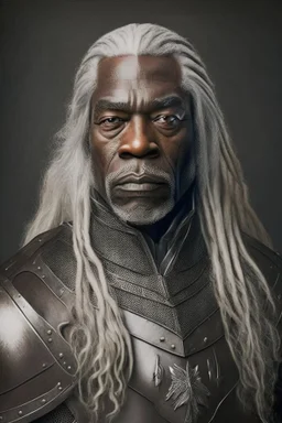 Portrait of a black man, fifty years, wearing a leather armor, long gray hair