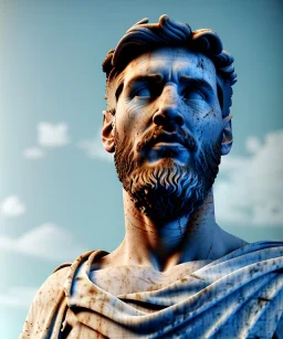 Ultra Realistic image, roman sculpture, white marble material, Lionel Messi, Greece Laurel crown, miguel angel style, chisel style, emperador, waist up portrait, epic, celestial, cinematic lighting, God light, god rays, 4k resolution, smooth details, ornate details, soft lighting, unreal engine 5, sky and clouds background.