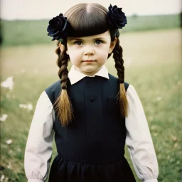 wednesday addams as a child, braids, frange, with black roses, worn autochrome, 1970s, wierd atmosphere