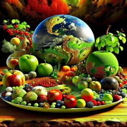 Apples. Pears. Grapes. Dishes. Oranges. Wood table.