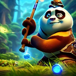 League of Legends style art, Meditating muscular TURTLE from kung fu panda holding a wooden rod, high definition, magical powers, close shot, background galaxy